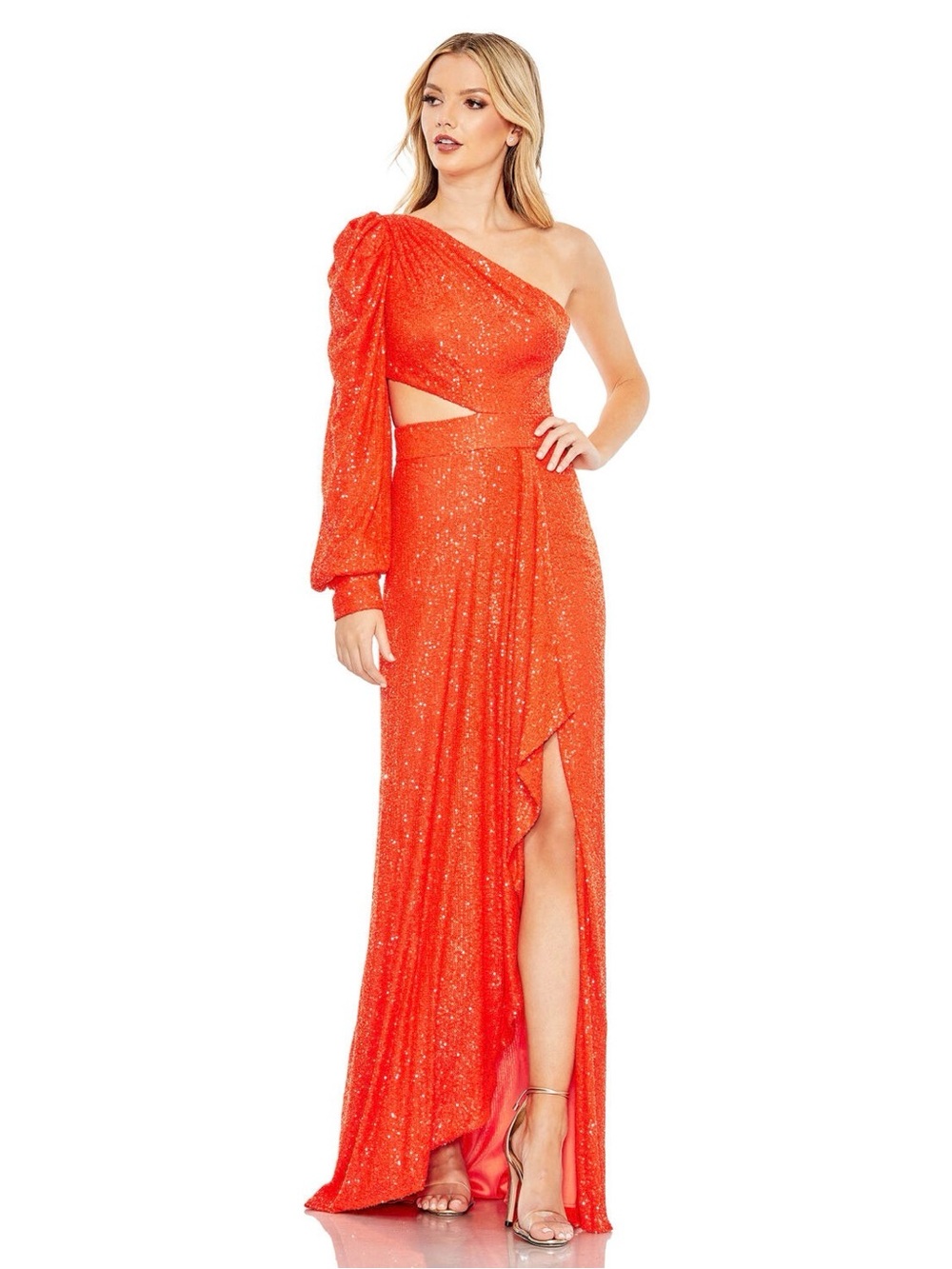 NWT leena for Mac Duggal Sequined One Shoulder Cut Out Sequins Gown. Size 2